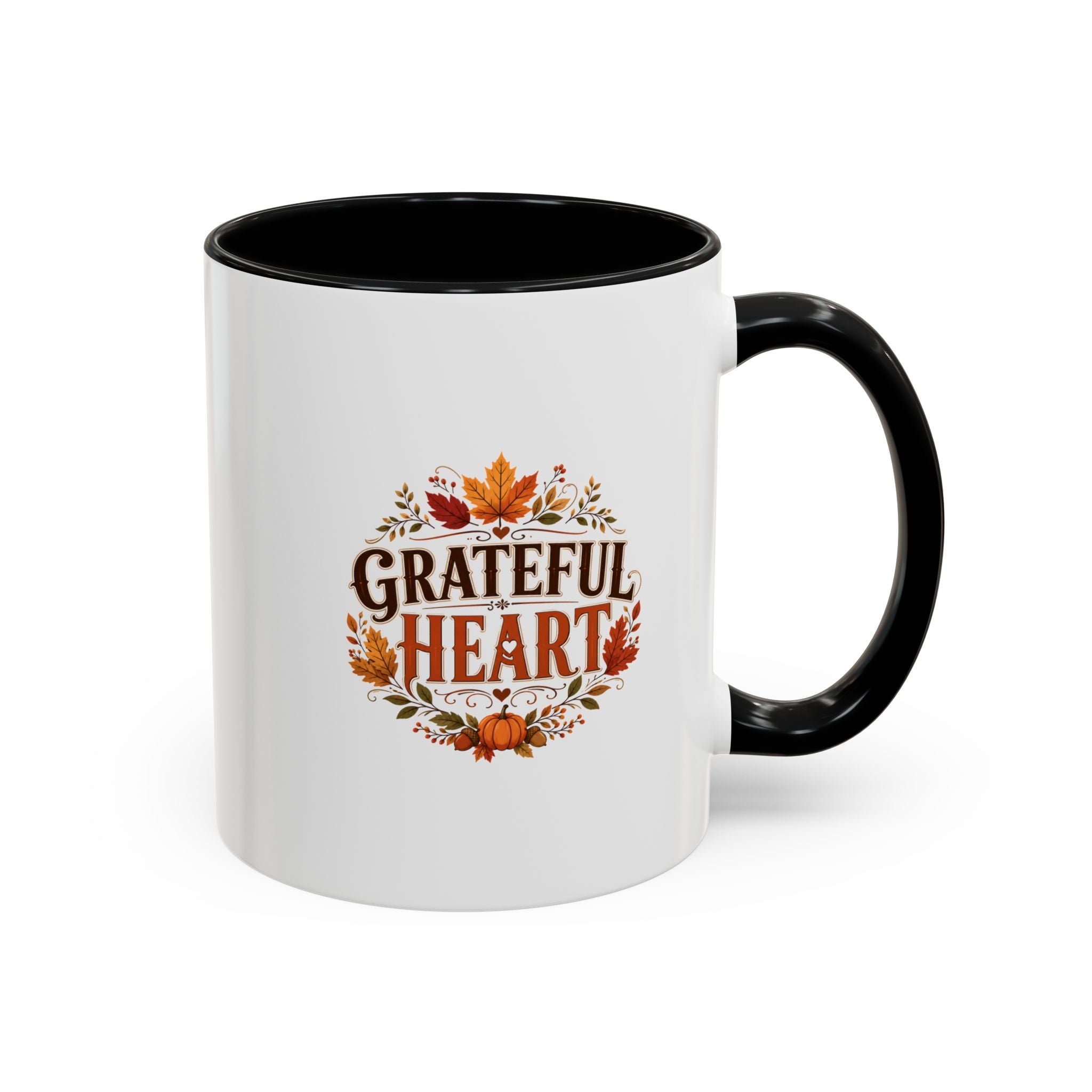 Thanksgiving Mug Grateful Heart Coffee Mug — Fall Leaves Pumpkin Accent Mug