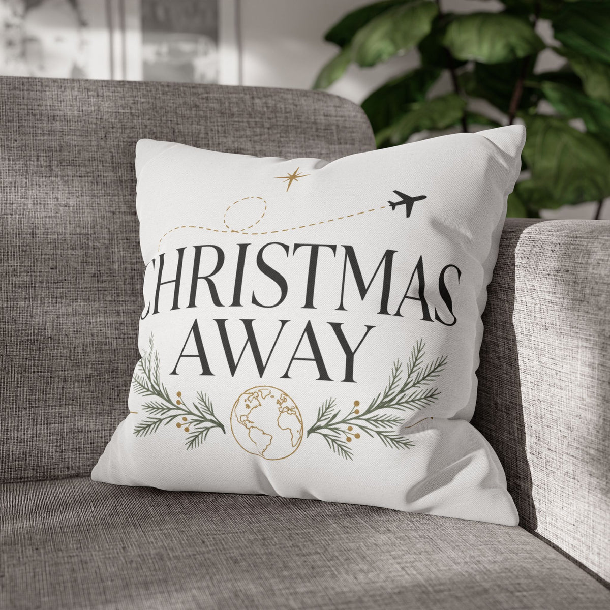Christmas Away Square Pillowcase – Travel-Themed Holiday Decorative Pillow
