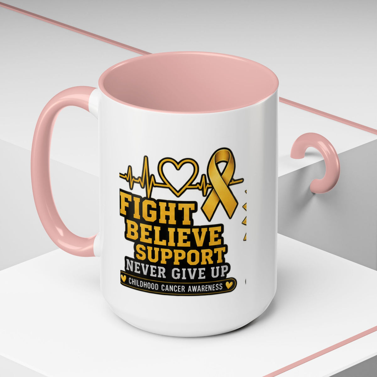 Childhood Cancer Awareness Accent Coffee Mug — "Fight Believe Support" 11/15oz