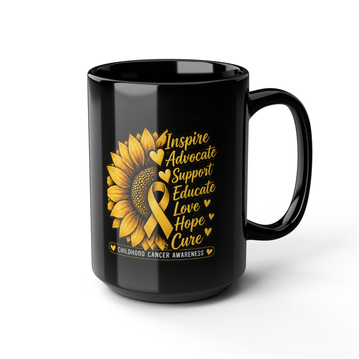 Childhood Cancer Awareness Sunflower Mug – Inspire Advocate Support Educate Love Hope Cure (Black, 11oz/15oz)