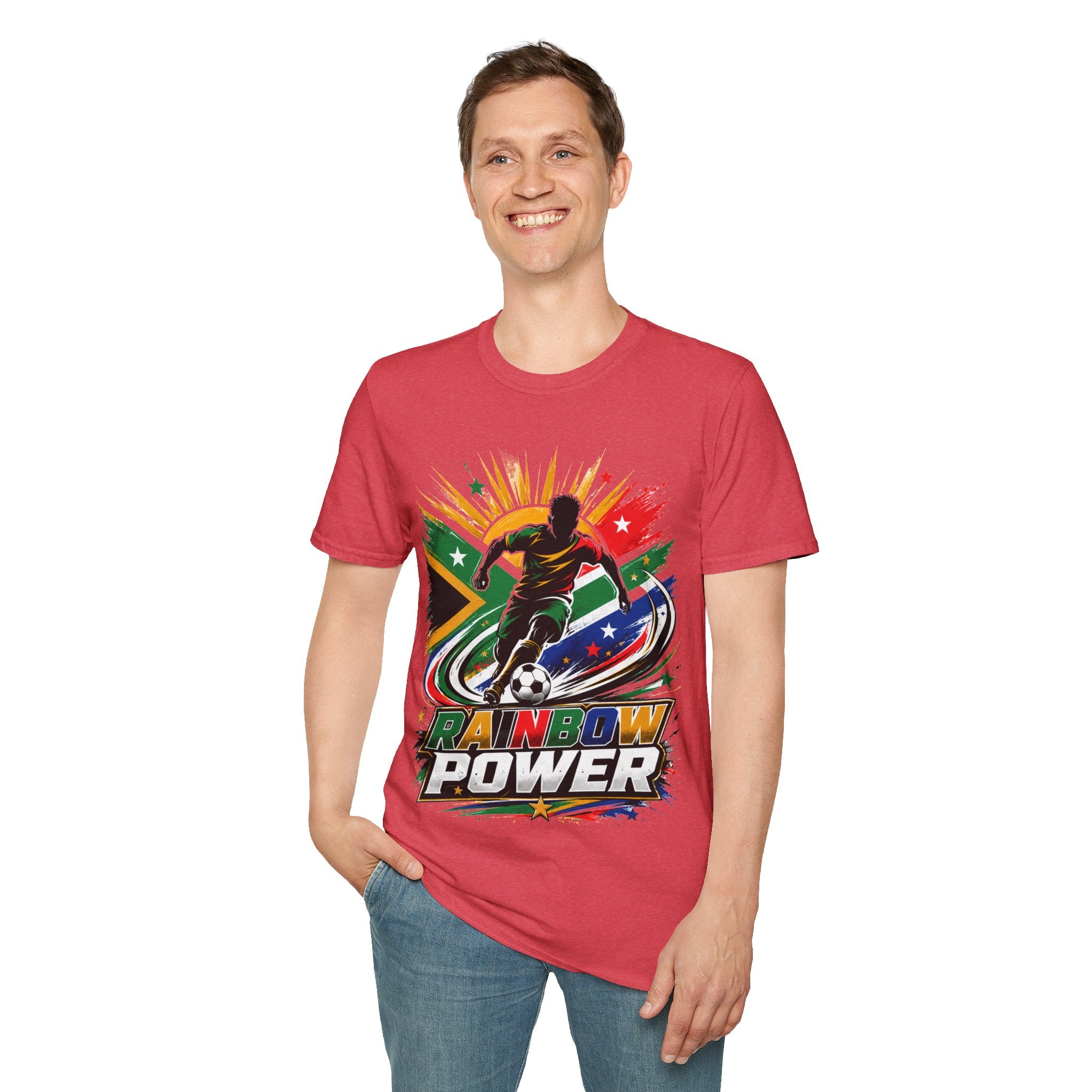 South Africa Soccer Rainbow Power T-Shirt — Colorful Football Player Graphic Tee