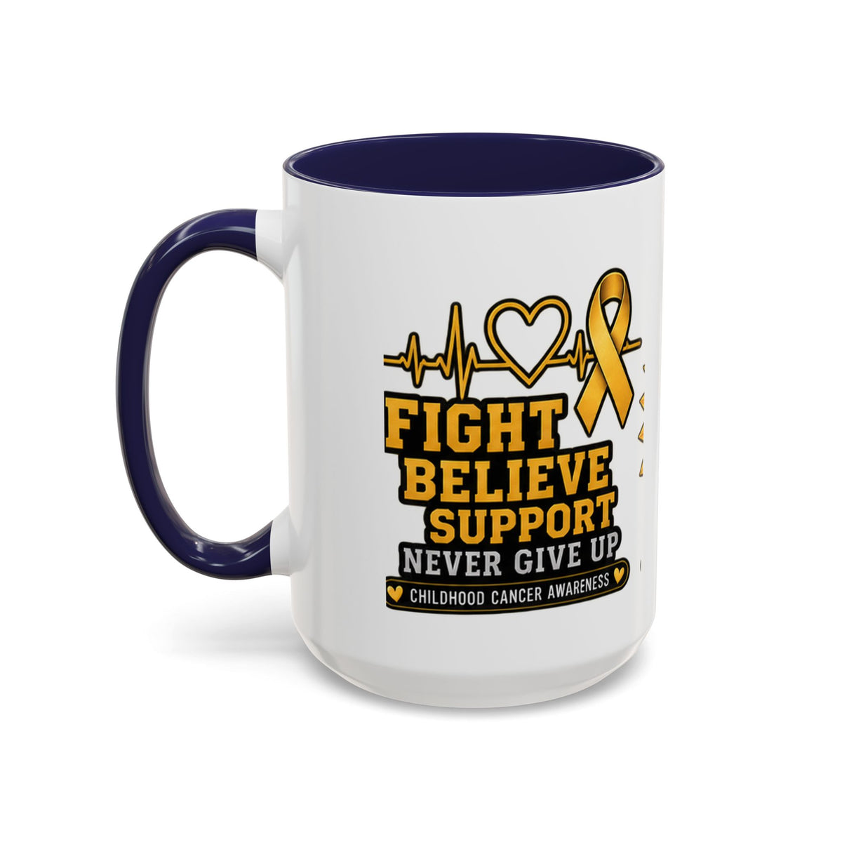 Childhood Cancer Awareness Accent Coffee Mug — "Fight Believe Support" 11/15oz