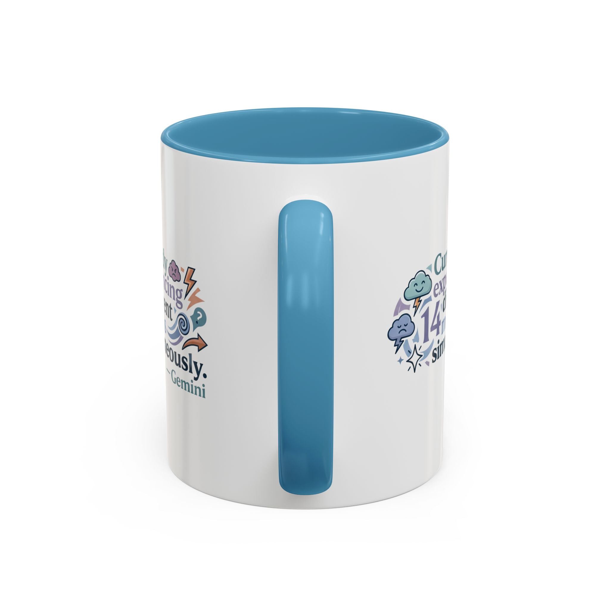 Gemini Mood Coffee Mug — "Currently Experiencing 14 Different Moods" Accent Ceramic Mug