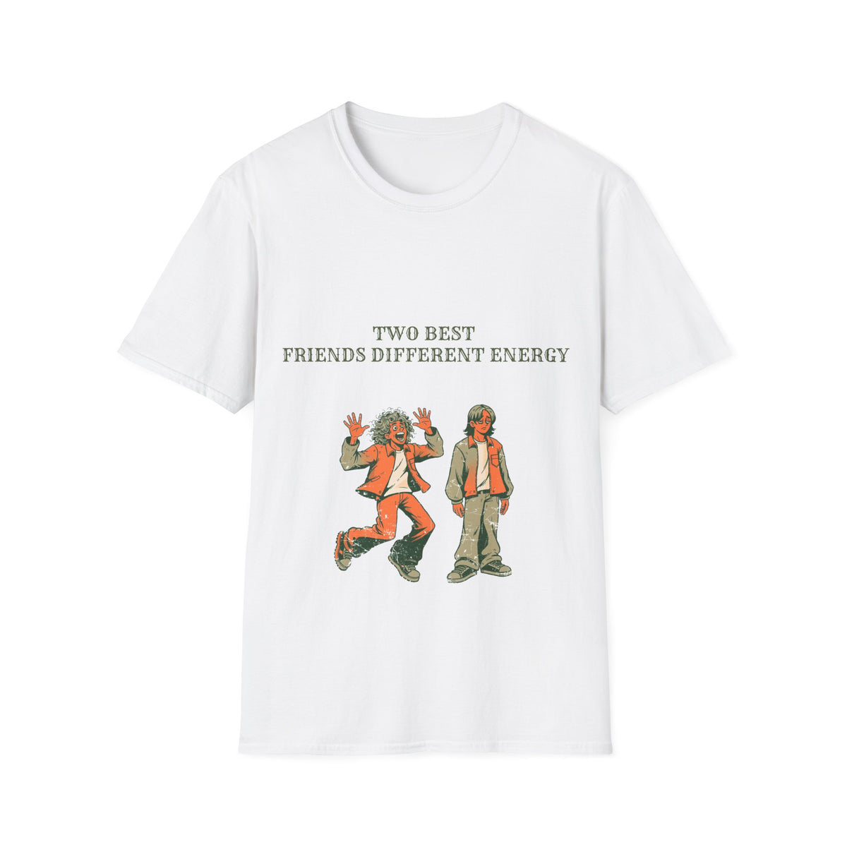 "Two Best Friends Different Energy" Retro Character Tee - Funny Bestie Meme White T-Shirt - Trending Now - September 2026