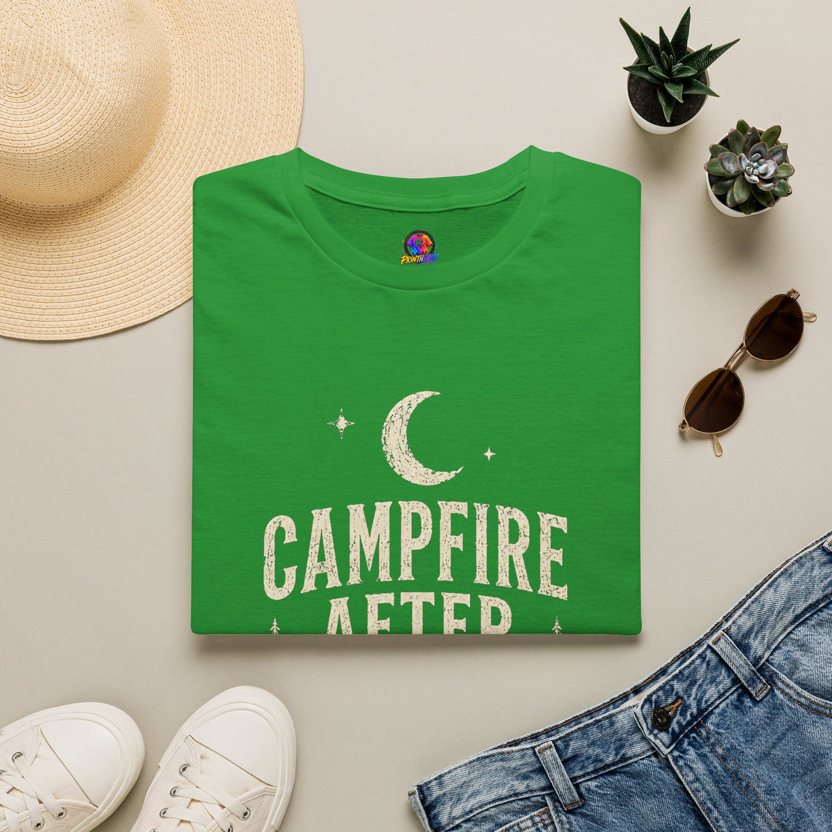 Campfire After Dark T-Shirt — Vintage Moon & Pine Camping Tee