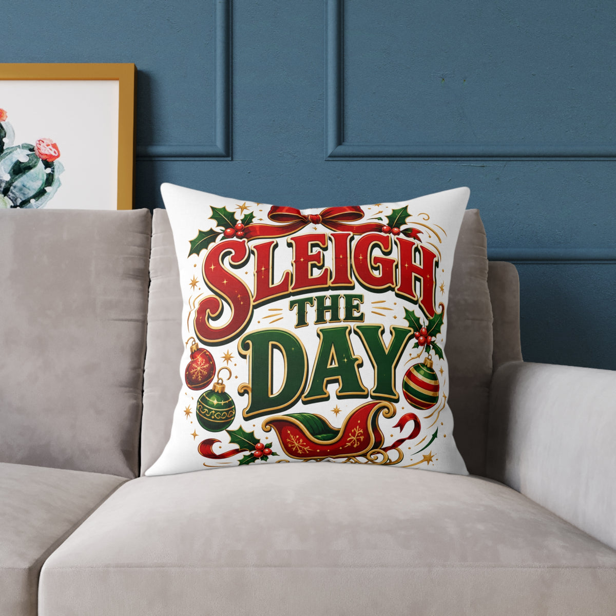 Christmas Pillow — "Sleigh the Day" Holiday Decorative Throw Pillow