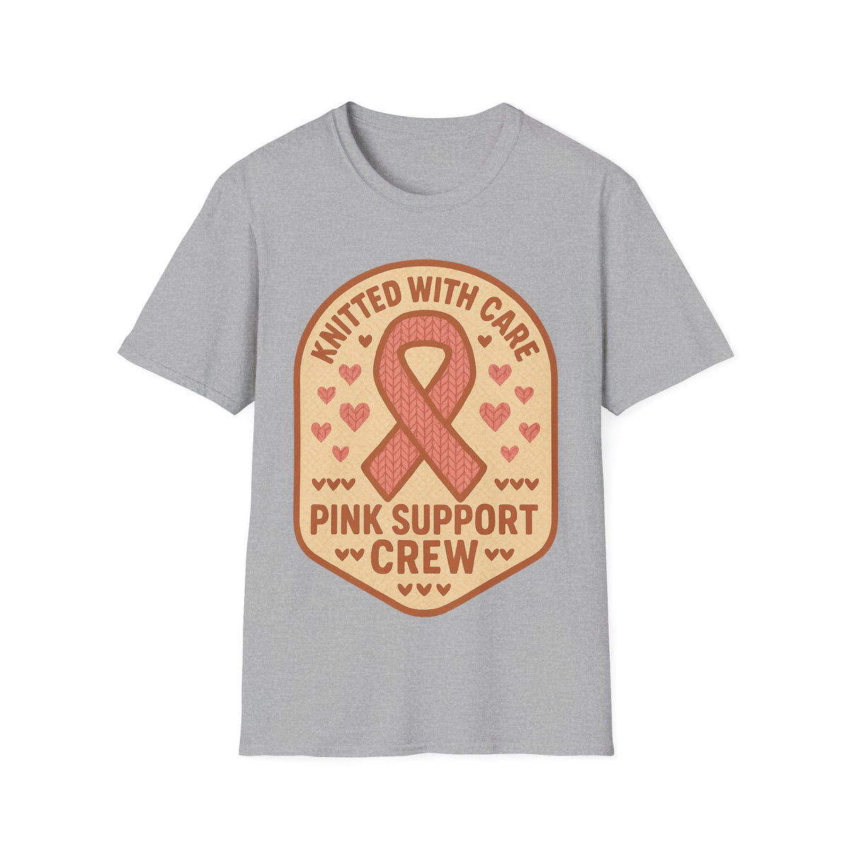 Pink Support Crew Knitted With Care Shield Badge T-Shirt, Breast Cancer Awareness Tee - Trending Now - September 2026