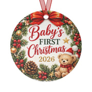 Baby's First Christmas 2026 Metal Ornament — Teddy Wreath Holiday Keepsake
