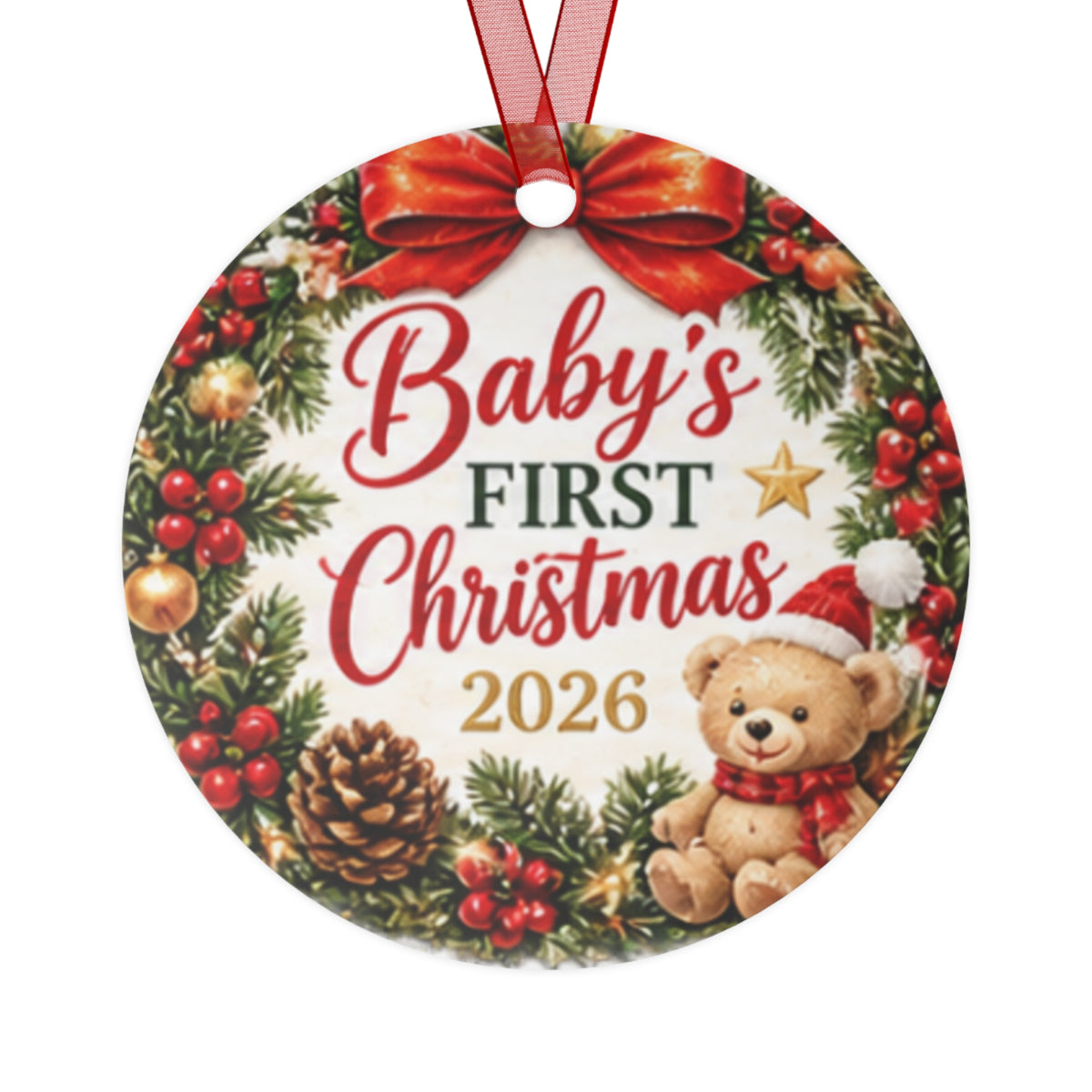 Baby's First Christmas 2026 Metal Ornament — Teddy Wreath Holiday Keepsake