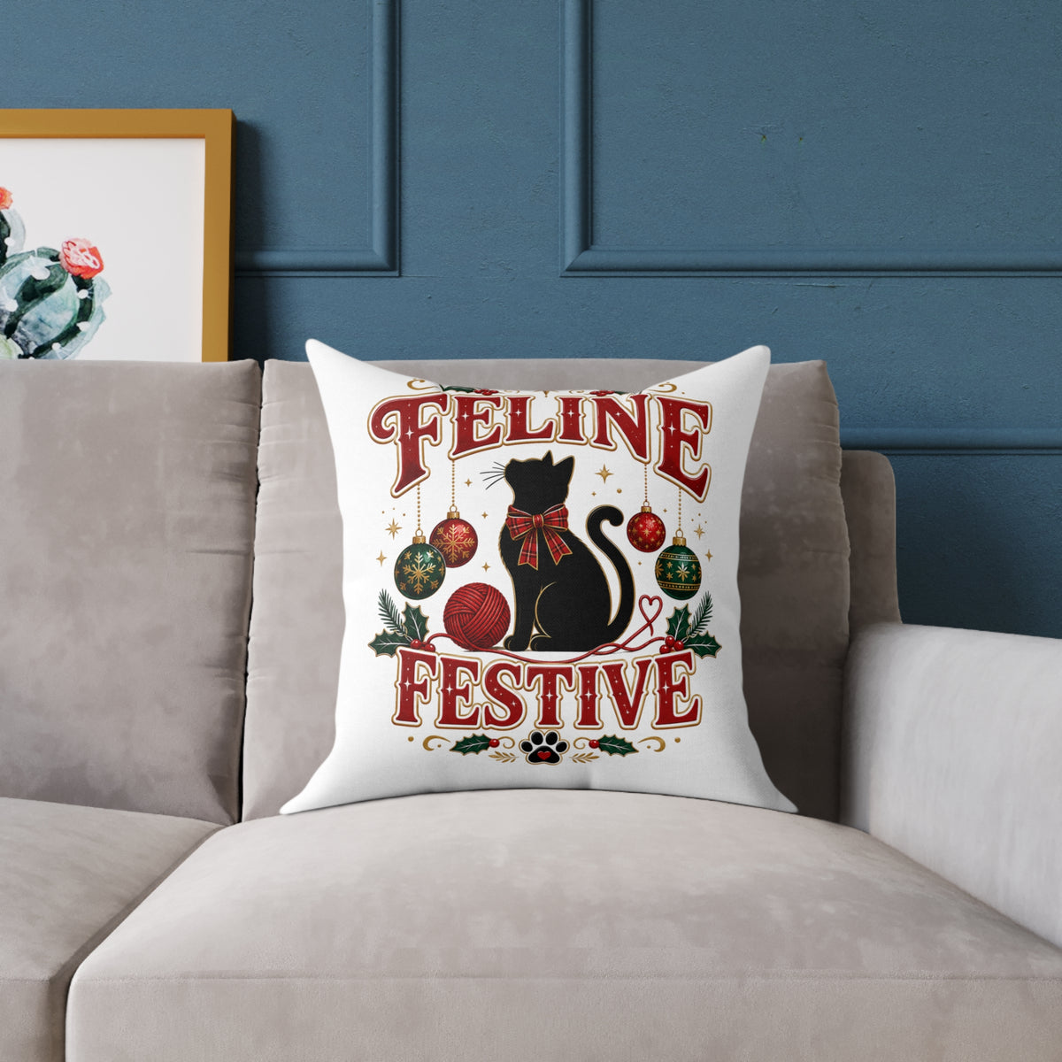 Christmas Feline Festive Square Pillow - Holiday Cat Decor