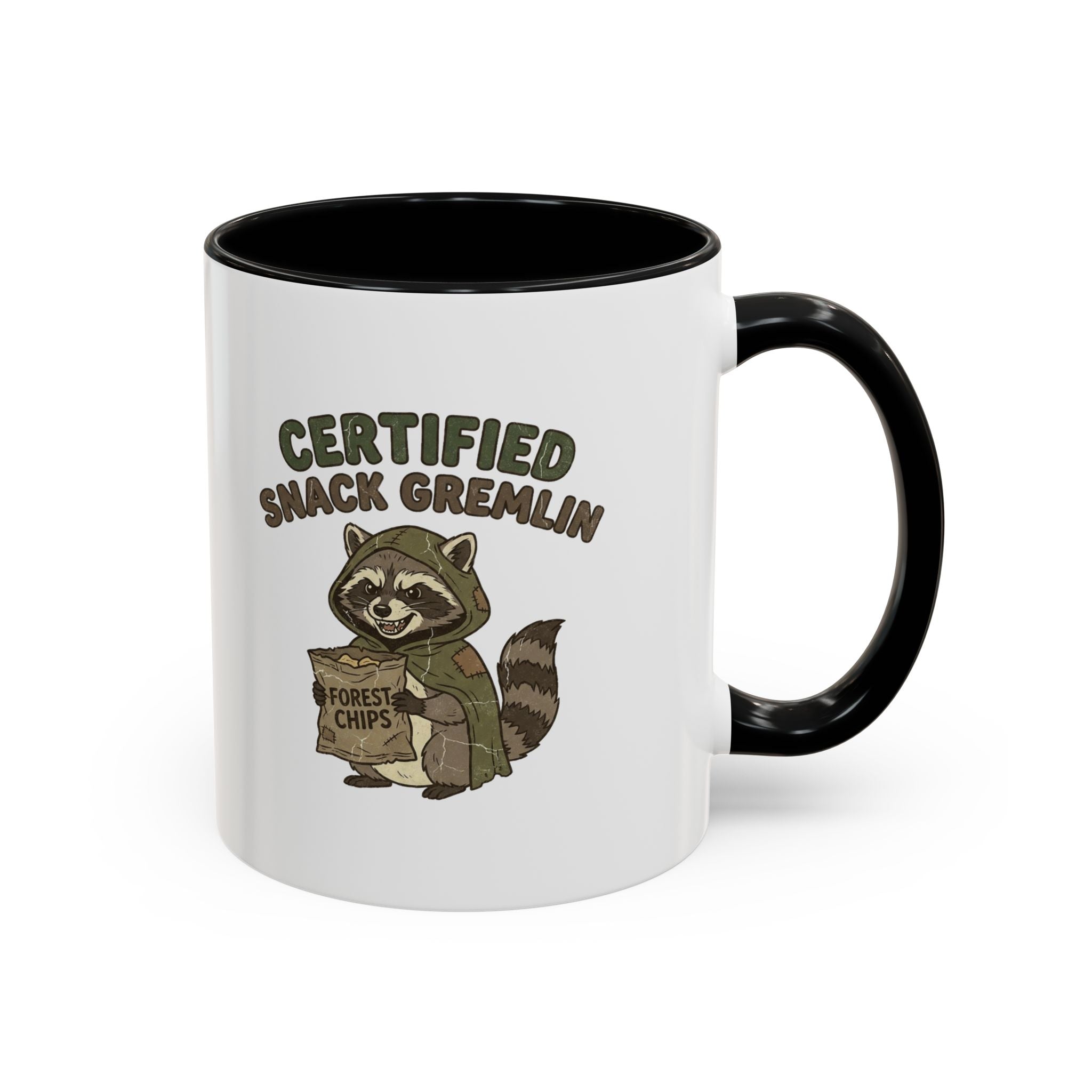 Funny Certified Snack Gremlin Coffee Mug — Cute Raccoon Snack Lover Accent Mug