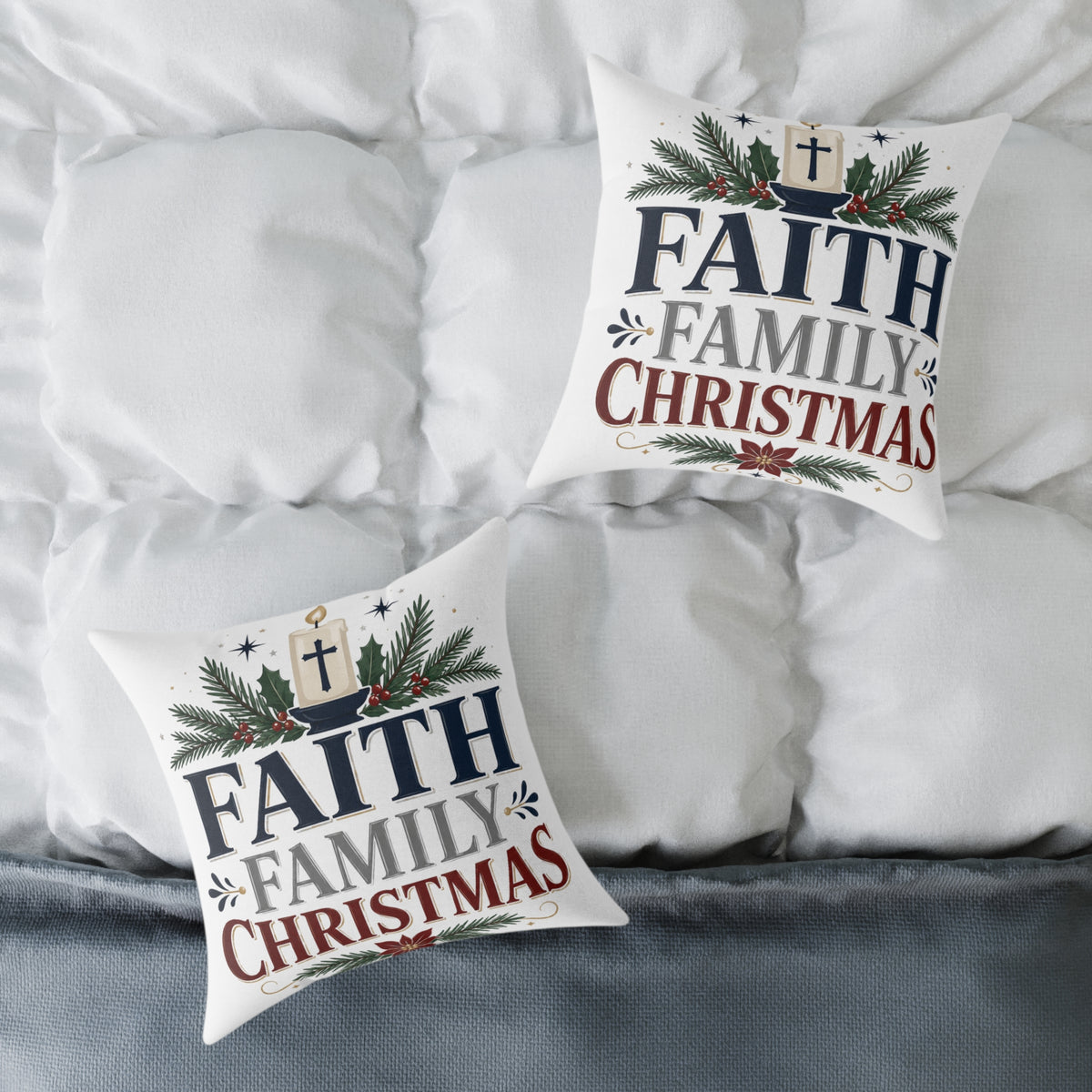 Christmas Pillow - 'Faith Family Christmas' Holiday Decorative Throw Pillow