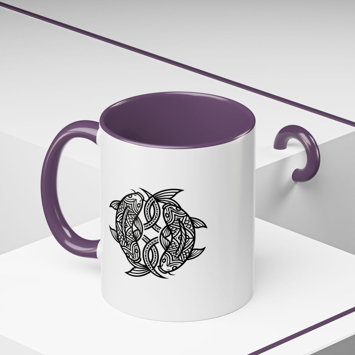 Pisces Zodiac Turtle Mandala Accent Coffee Mug – Black Interior & Handle, Intricate Tribal Sea Turtle Design
