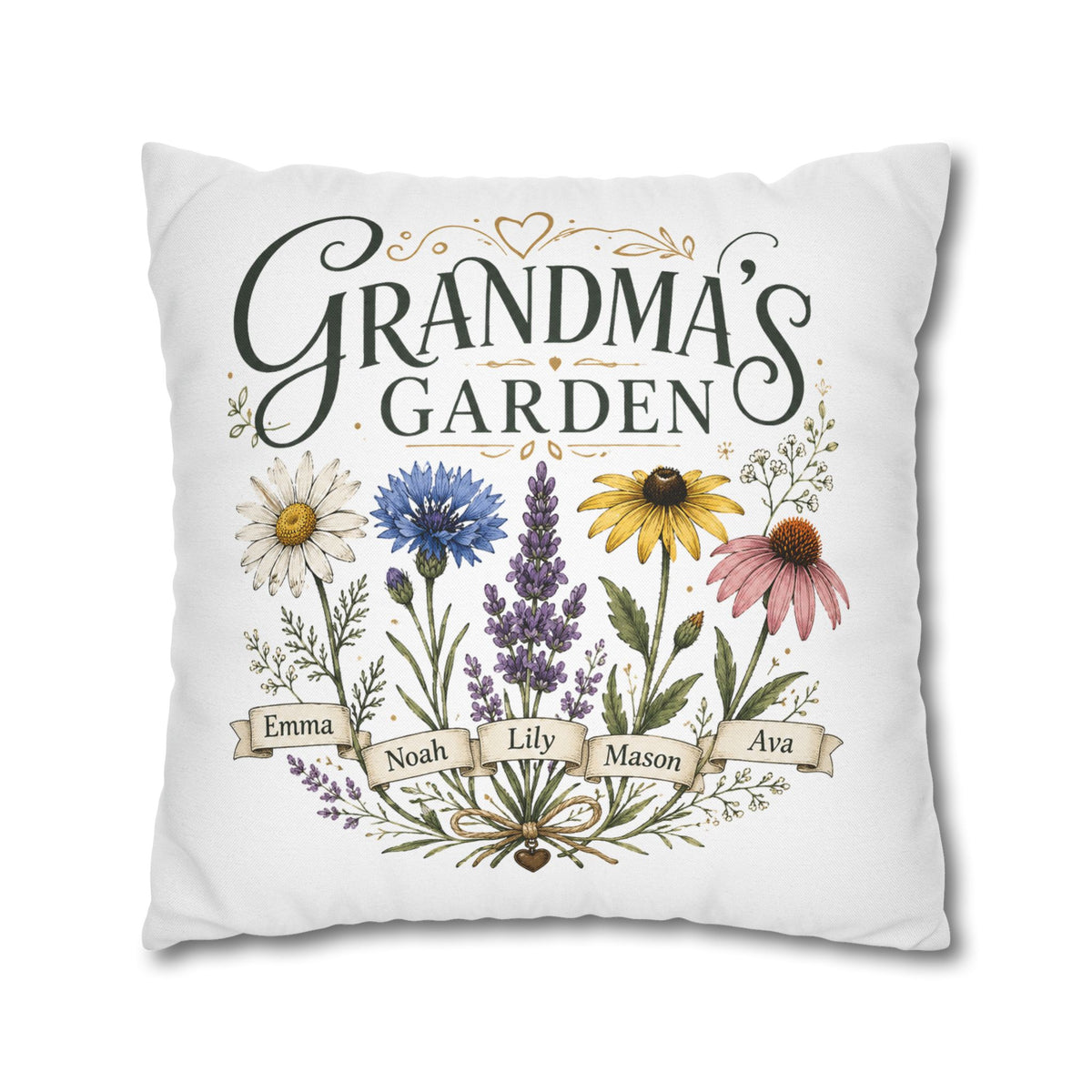 Grandma’s Garden Floral Pillowcase Milo Bailey Dog Dad Mom — Personalized Names Decorative Throw Pillow