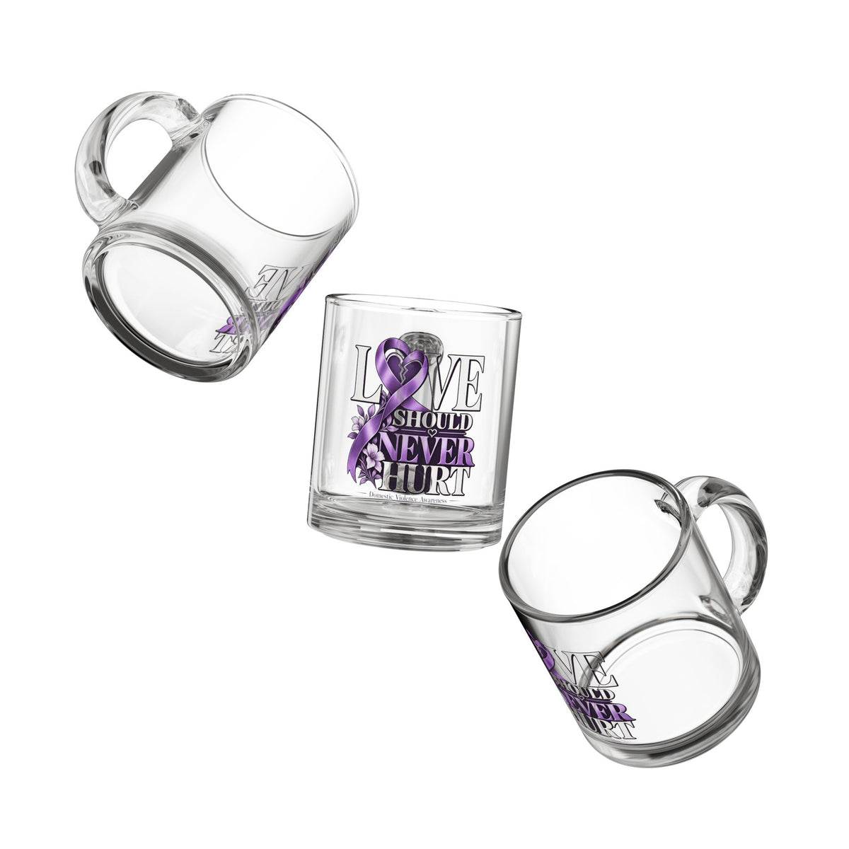 Glass Mug — “Love Should Never Hurt” Purple Ribbon Domestic Violence Awareness 10oz