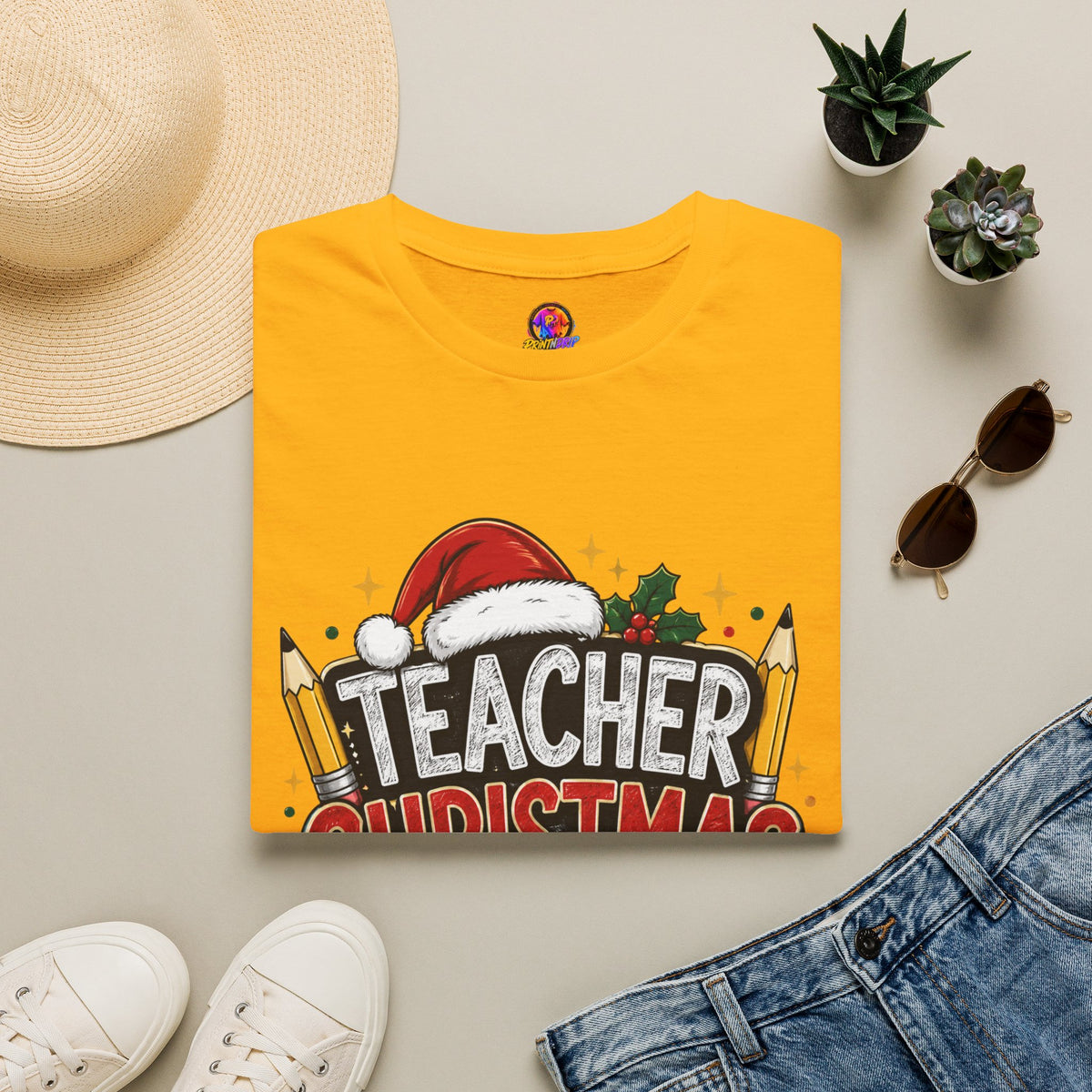 Teacher Christmas Crew T-Shirt — Holiday School Staff Tee with Santa Hat & Pencils