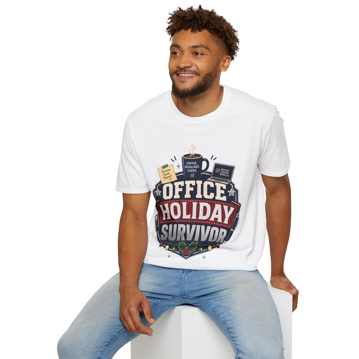 Office Holiday Survivor T-Shirt — Coffee, Deadlines & Cheer Work Shirt