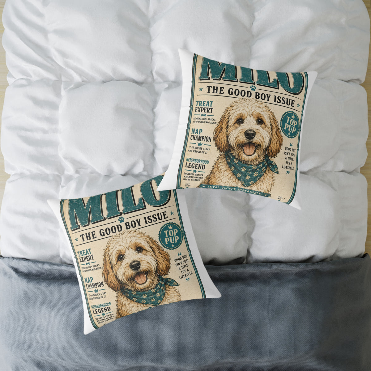 Milo Bailey Dog Dad Mom Pillow — "Milo: The Good Boy Issue" Square Throw Pillow (Pet Lover Gift)