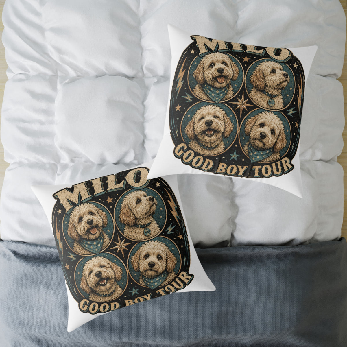 Personalized Dog Pillow  Milo Bailey Dog Dad Mom— 'Milo' Retro Pet Portrait Cushion (Good Boy Tour Design)
