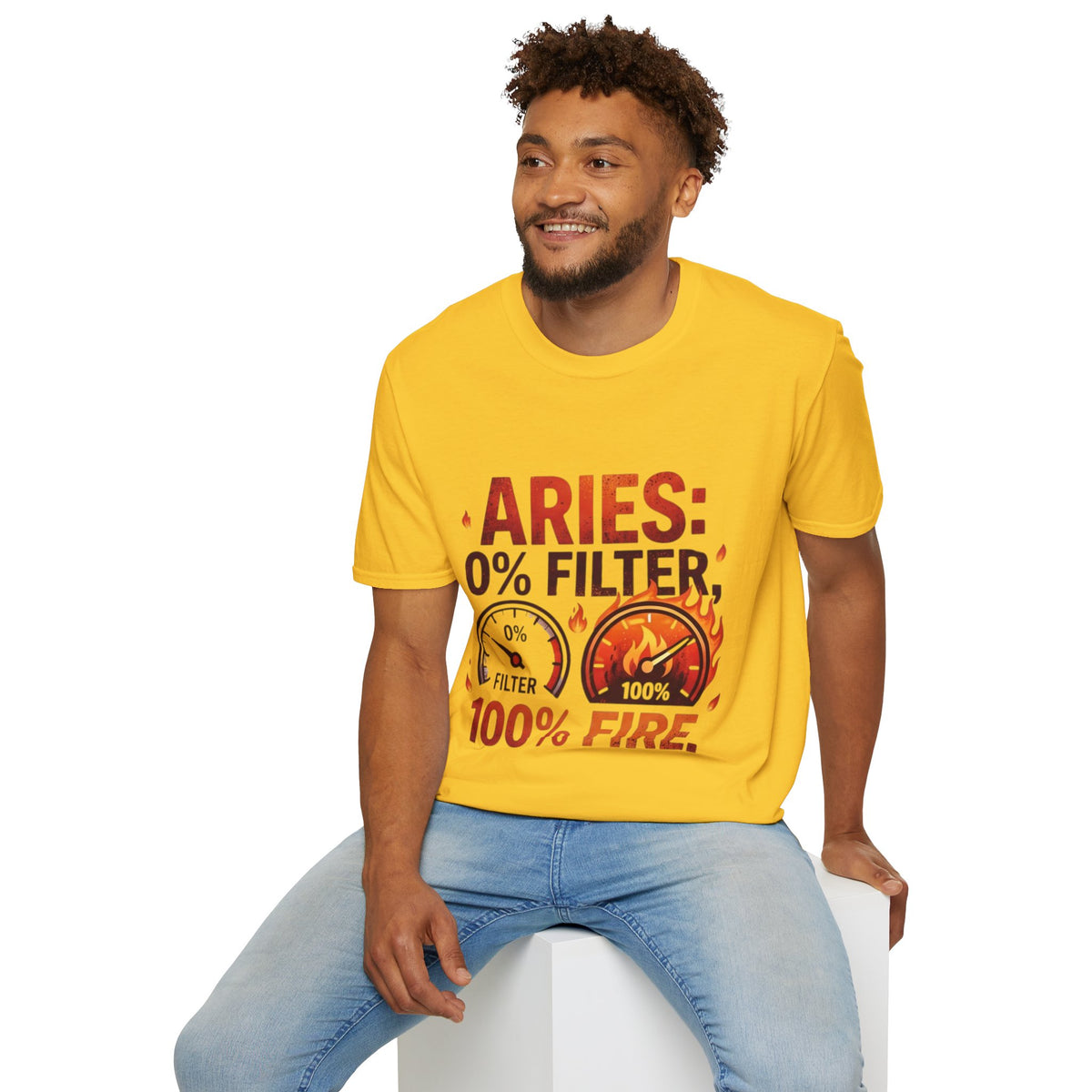 Aries T-Shirt — "Aries: 0% Filter, 100% Fire" Bold Zodiac Tee