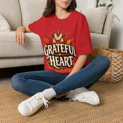 Grateful Heart T-Shirt — Christian Cross & Autumn Leaves Thanksgiving Tee