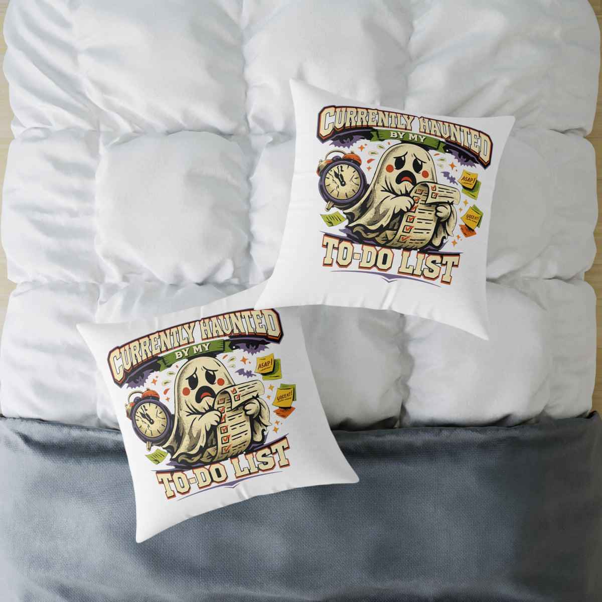 Halloween Square Poly Canvas Pillow — “Currently Haunted by My To-Do List” Halloween Ghost Decorative Throw Pillow