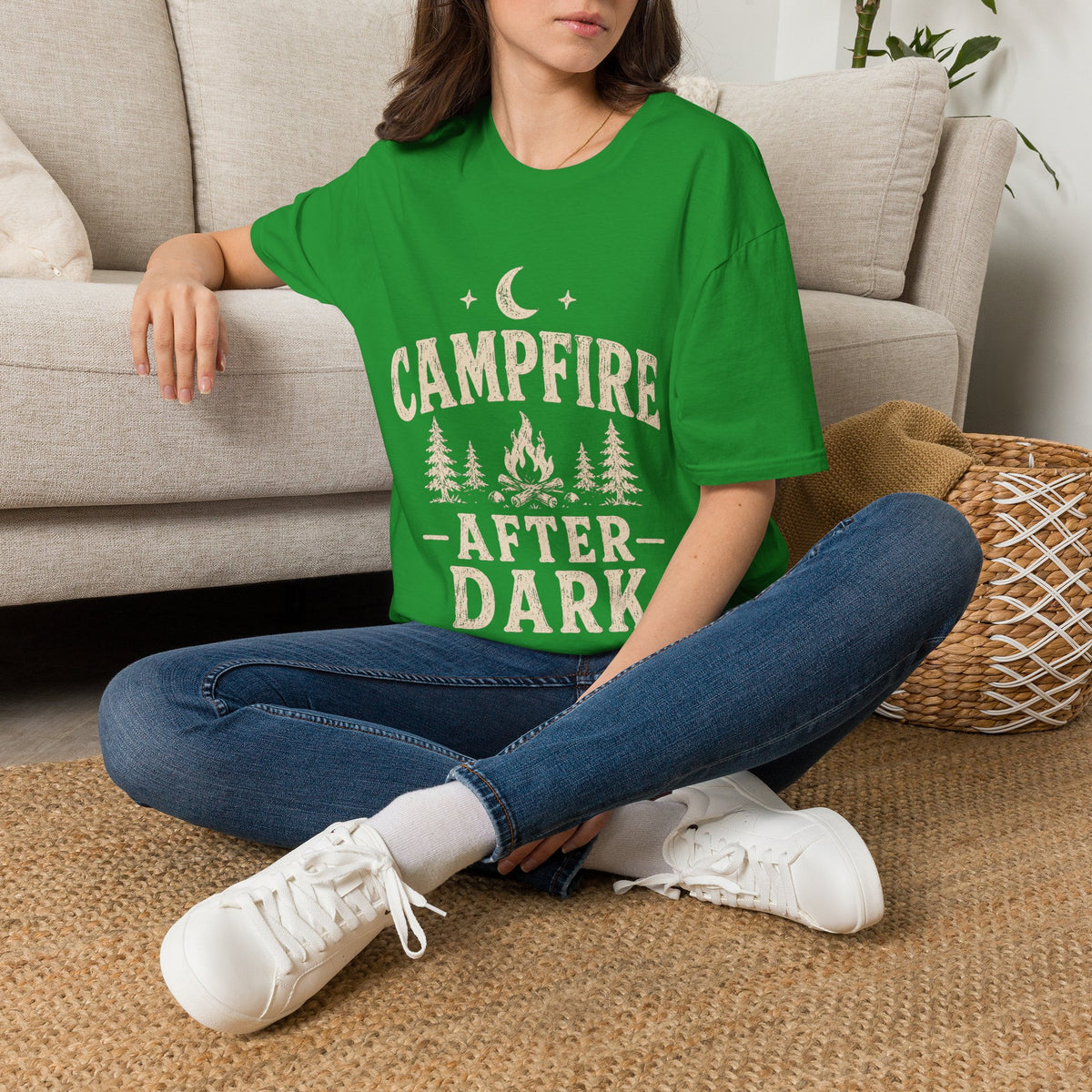 Campfire After Dark T-Shirt — Cozy Camping Moon & Trees Graphic