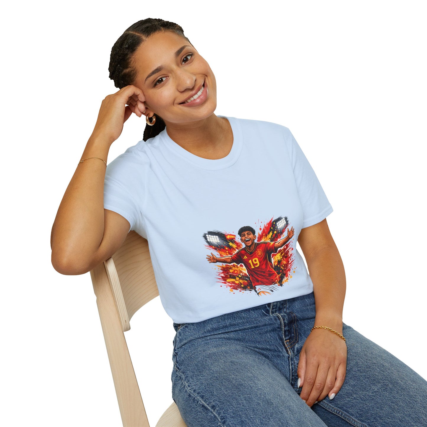 Spain Soccer Fan Portrait T‑Shirt – Fiery Goal Celebration Design