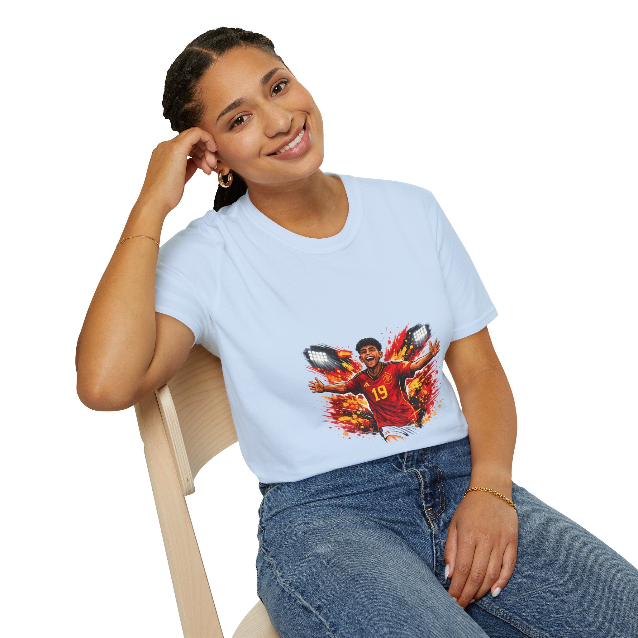 Spain Soccer Fan Portrait T‑Shirt – Fiery Goal Celebration Design