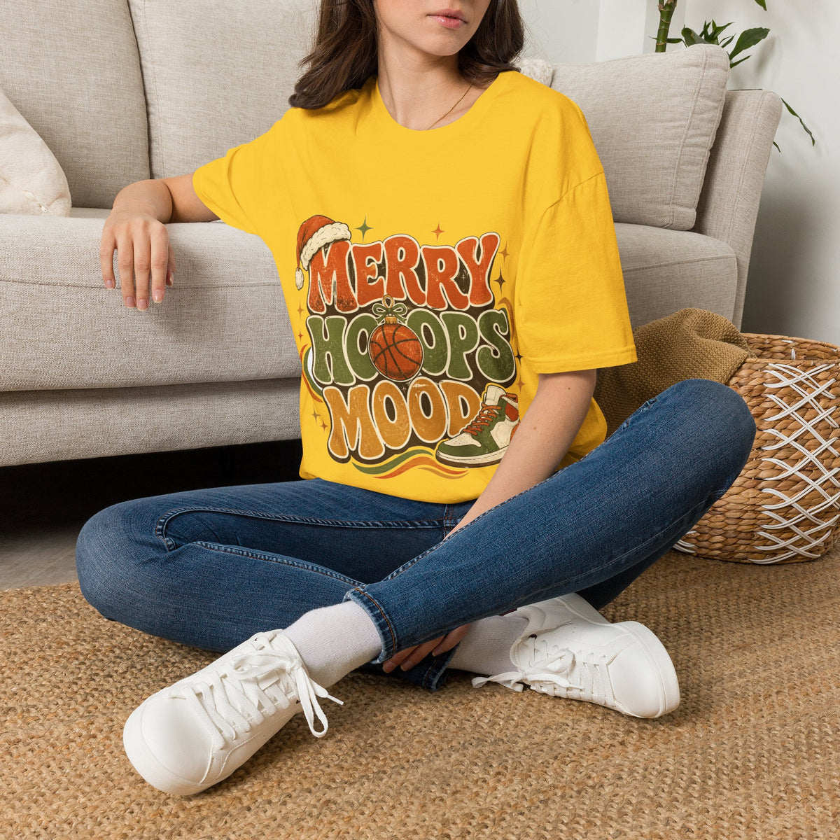 Merry Hoops Mood T-Shirt — Retro Holiday Basketball Christmas Tee