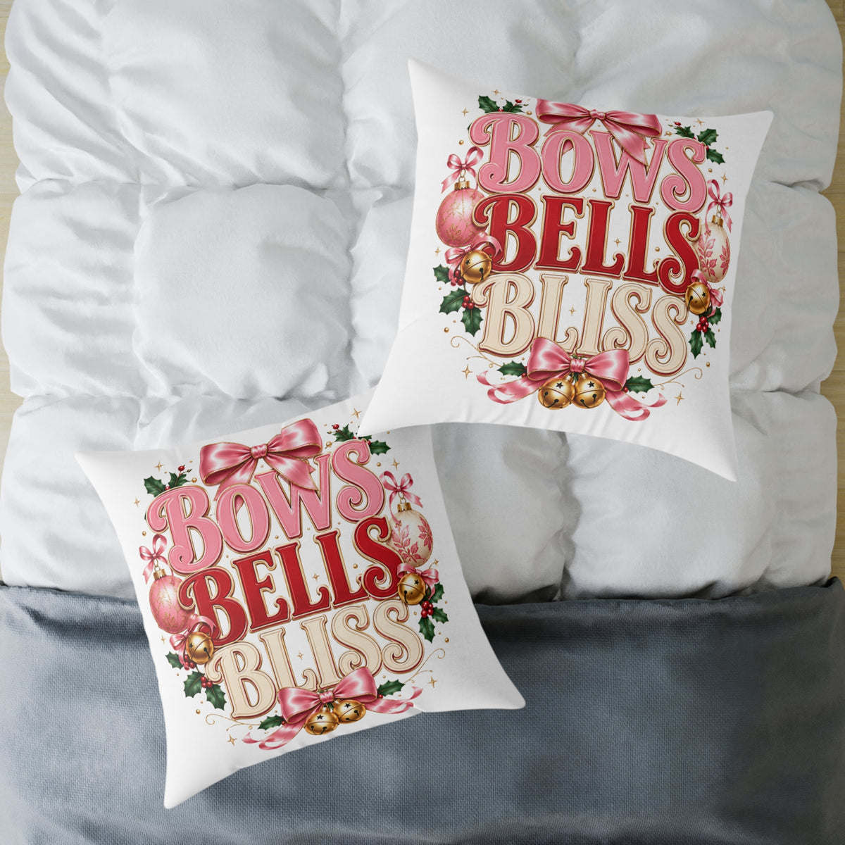 Bows Bells Bliss Christmas Square Poly Canvas Pillow