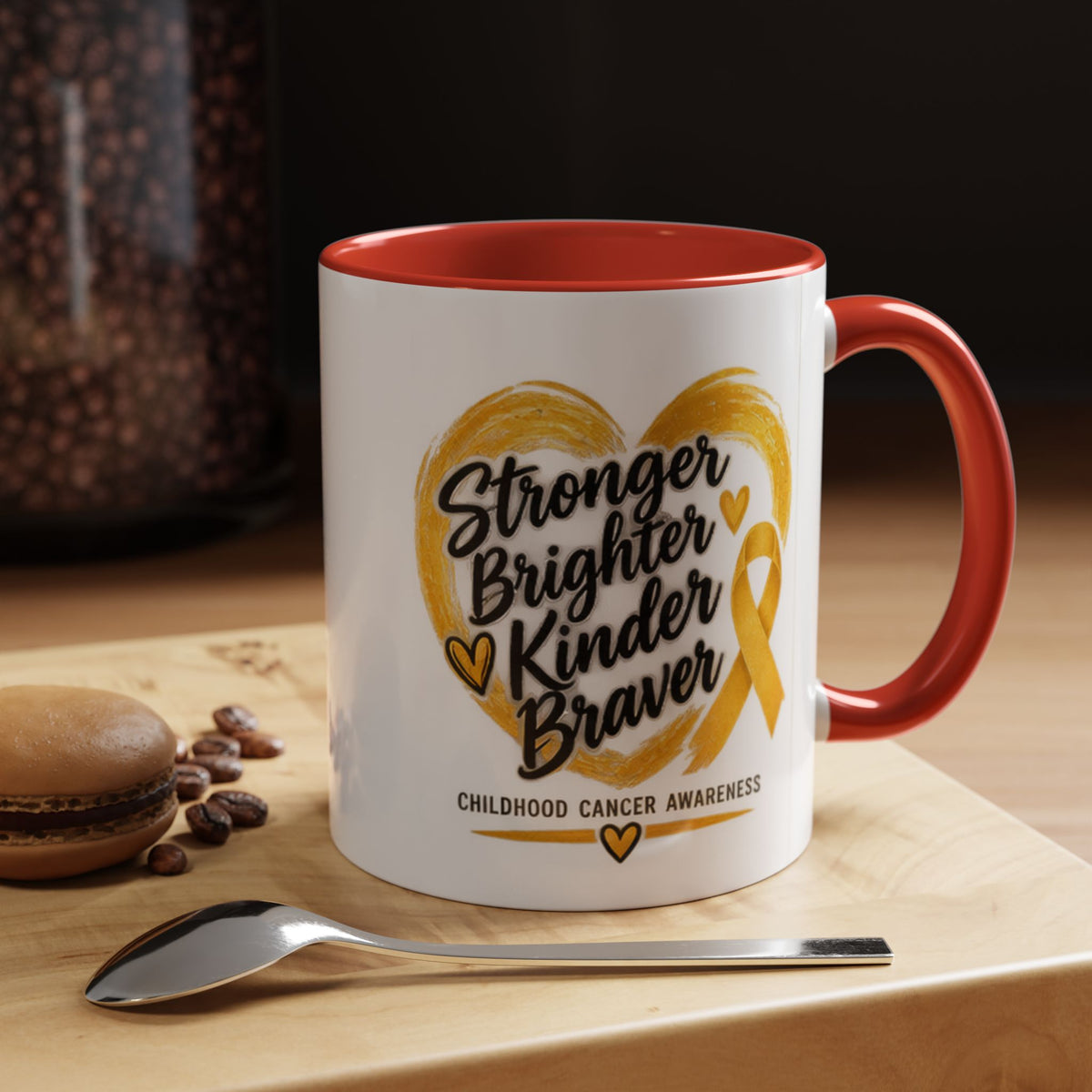 Childhood Cancer Awareness Accent Coffee Mug — "Stronger Brighter Kinder Braver"