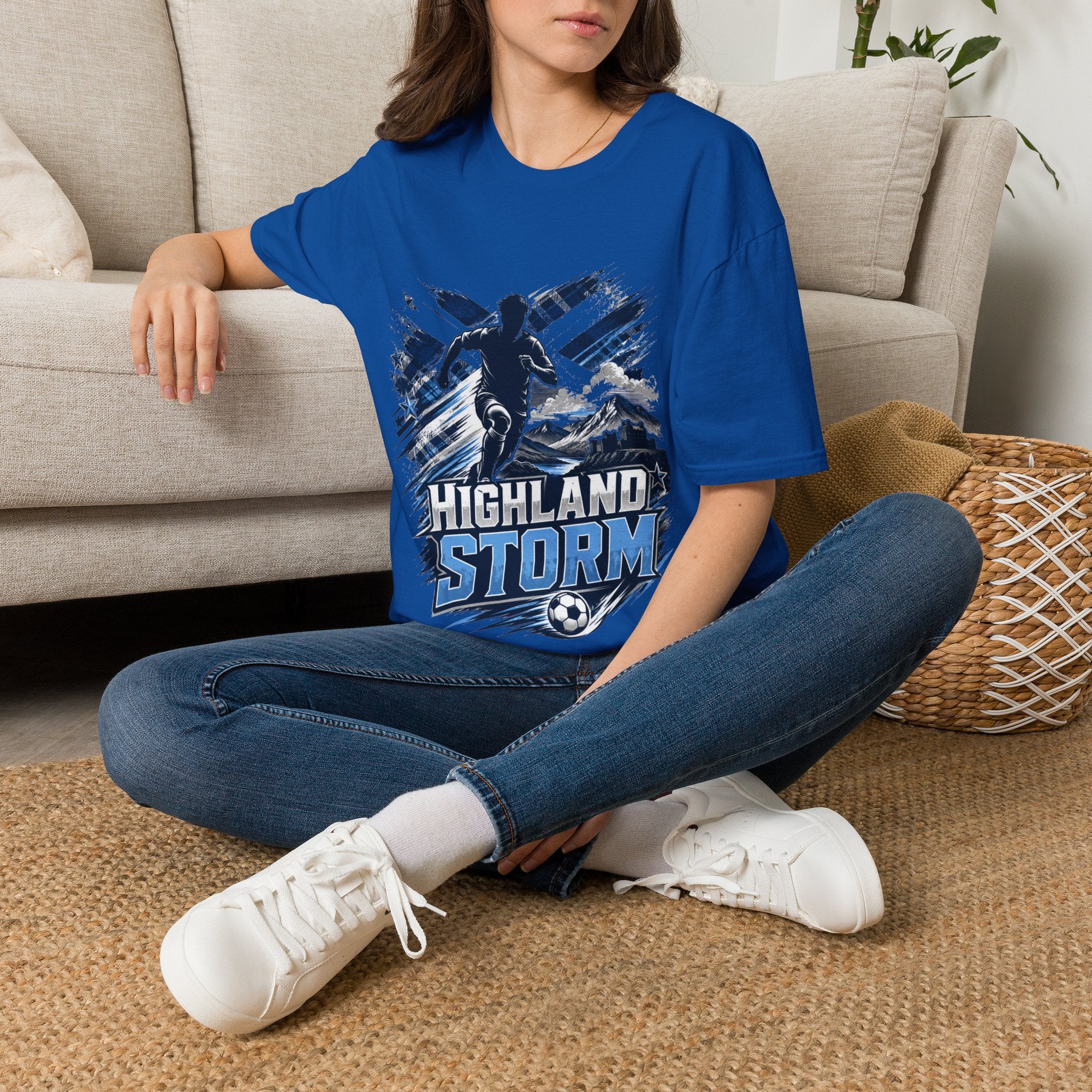 Scotland Highland Storm Soccer T-Shirt — Mountain Soccer Player Graphic Tee