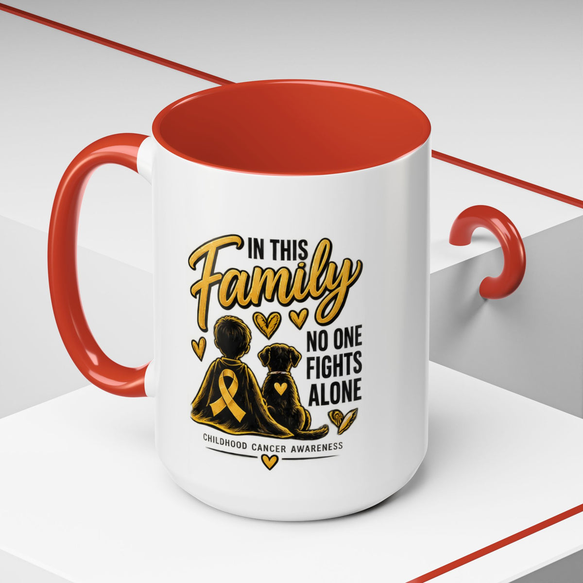 Childhood Cancer Awareness Coffee Mug — "In This Family No One Fights Alone"