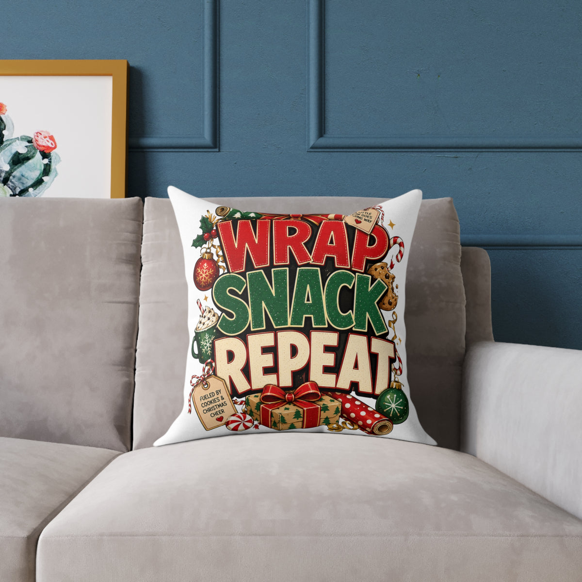 Christmas Holiday Pillow - "Wrap Snack Repeat" Christmas Decorative Throw Pillow