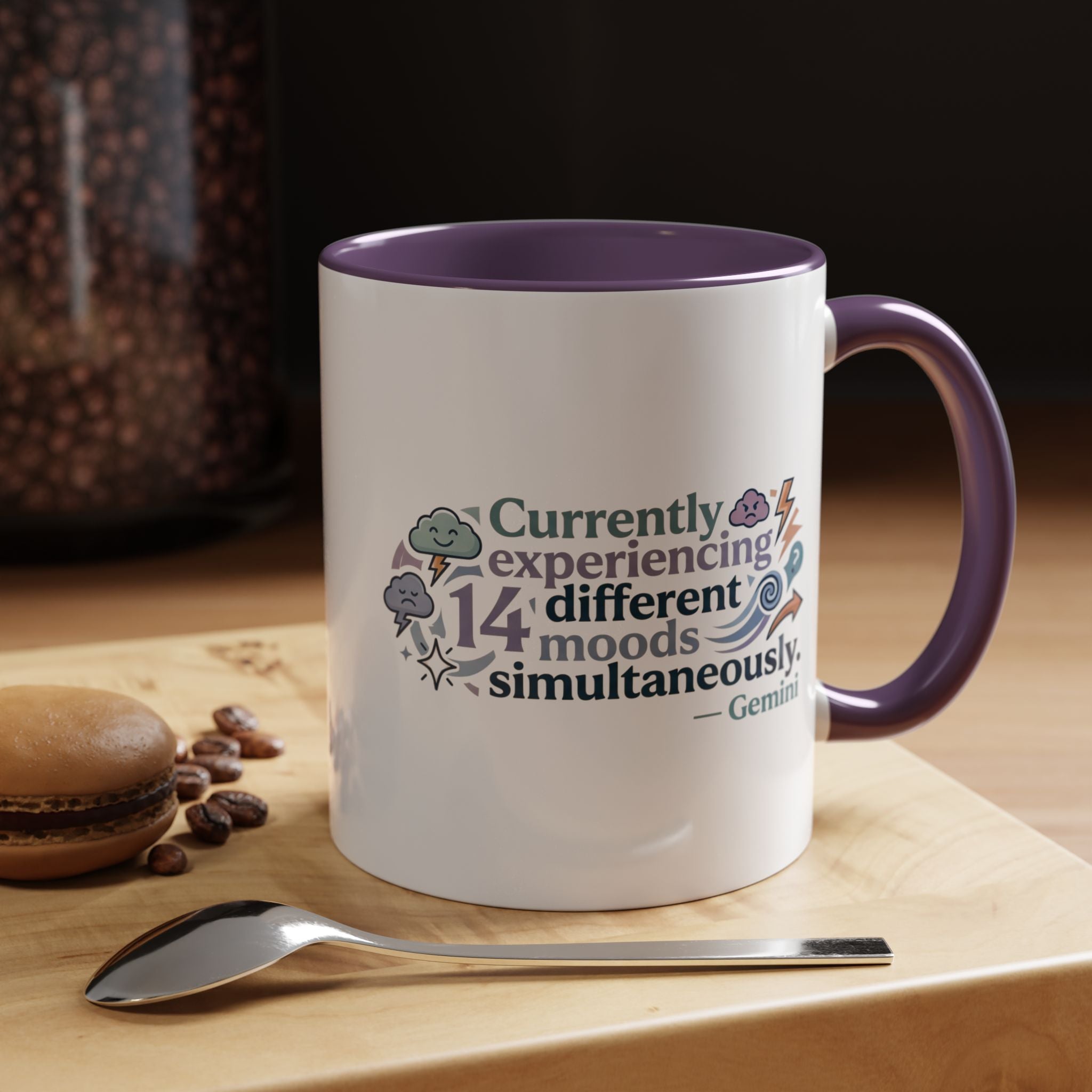 Gemini Mood Coffee Mug — "Currently Experiencing 14 Different Moods" Accent Ceramic Mug