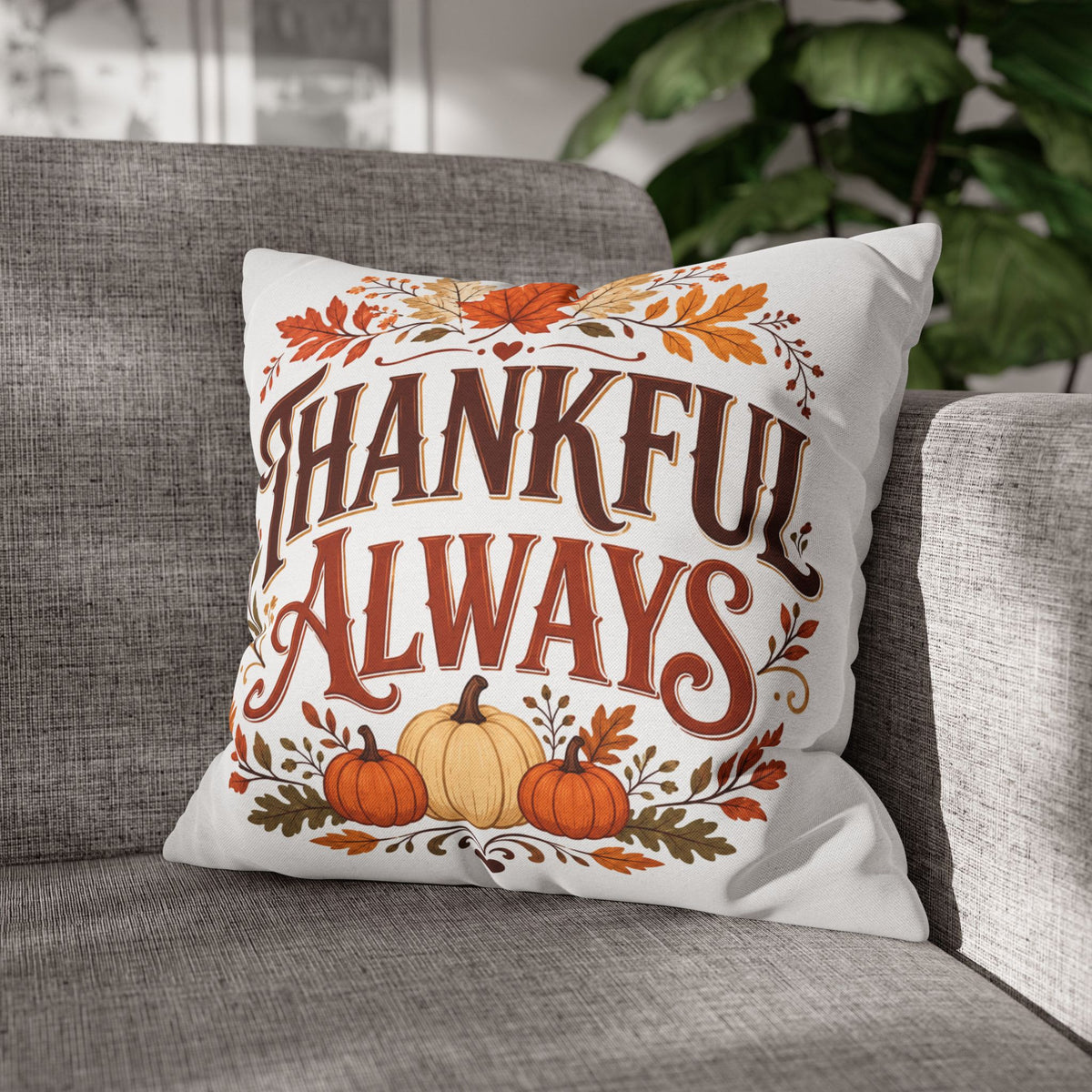 Thanksgiving Thankful Always Throw Pillowcase — Autumn Pumpkin & Leaf Thanksgiving Decor