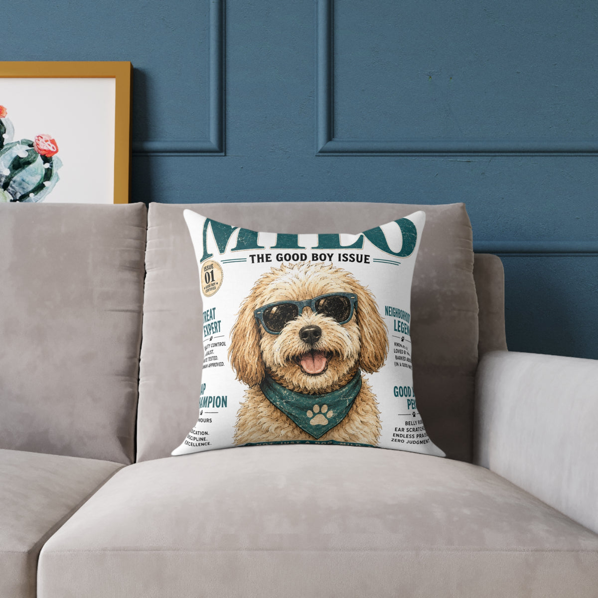 Milo 'The Good Boy Issue' Square Throw Pillow - Milo Bailey Dog Dad Mom Cute Dog Magazine Cover Decor