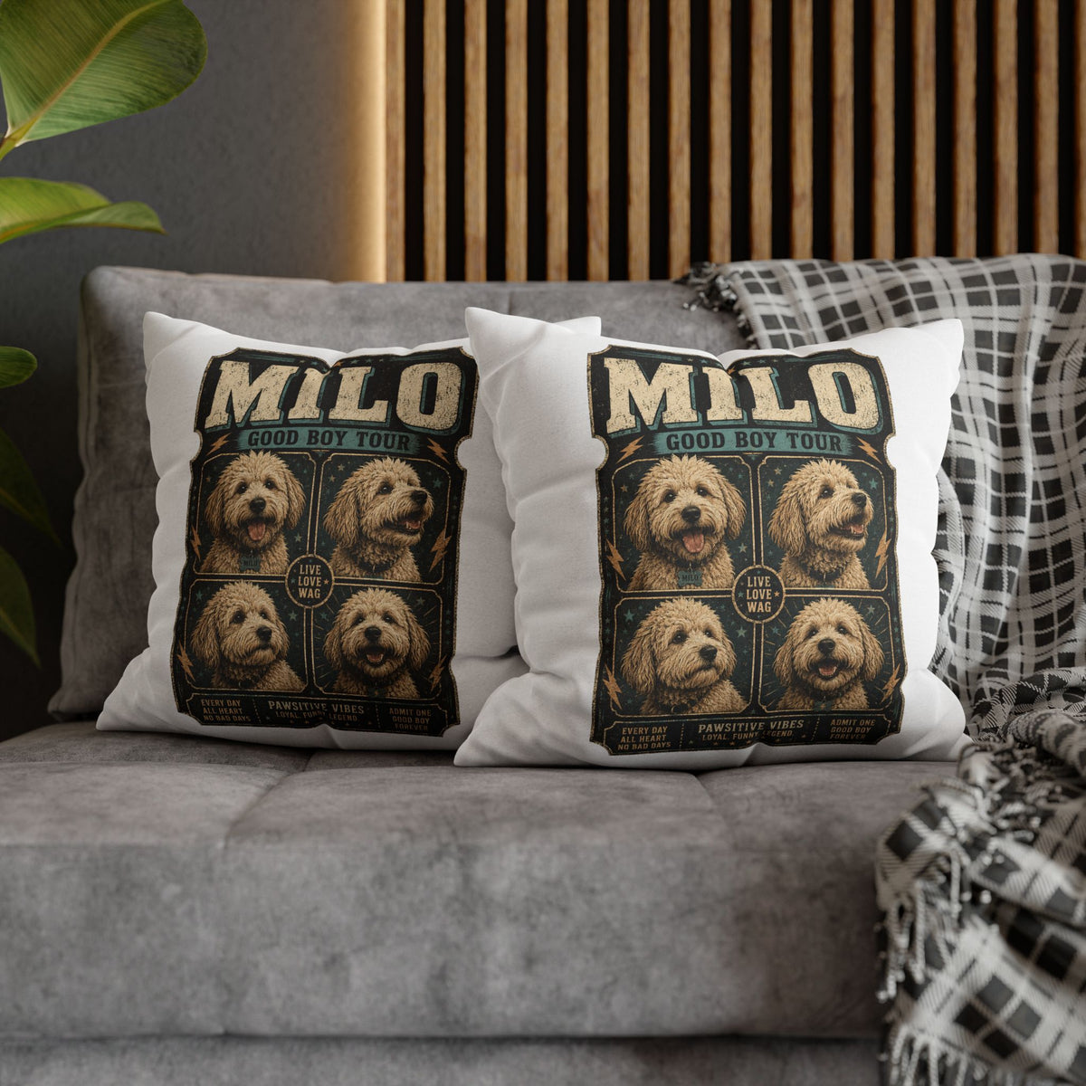 Milo "Good Boy Tour" Square Pillowcase — Cute Dog Portrait Decorative Pillowcase Milo Bailey Dog Dad Mom