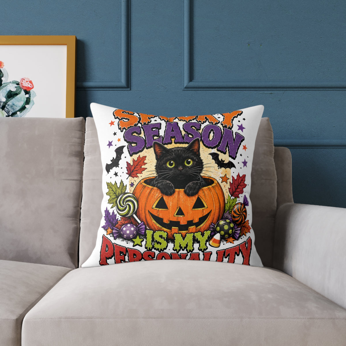 Halloween Pillow — "Season Is My Personality" Black Cat Pumpkin Decorative Throw Pillow