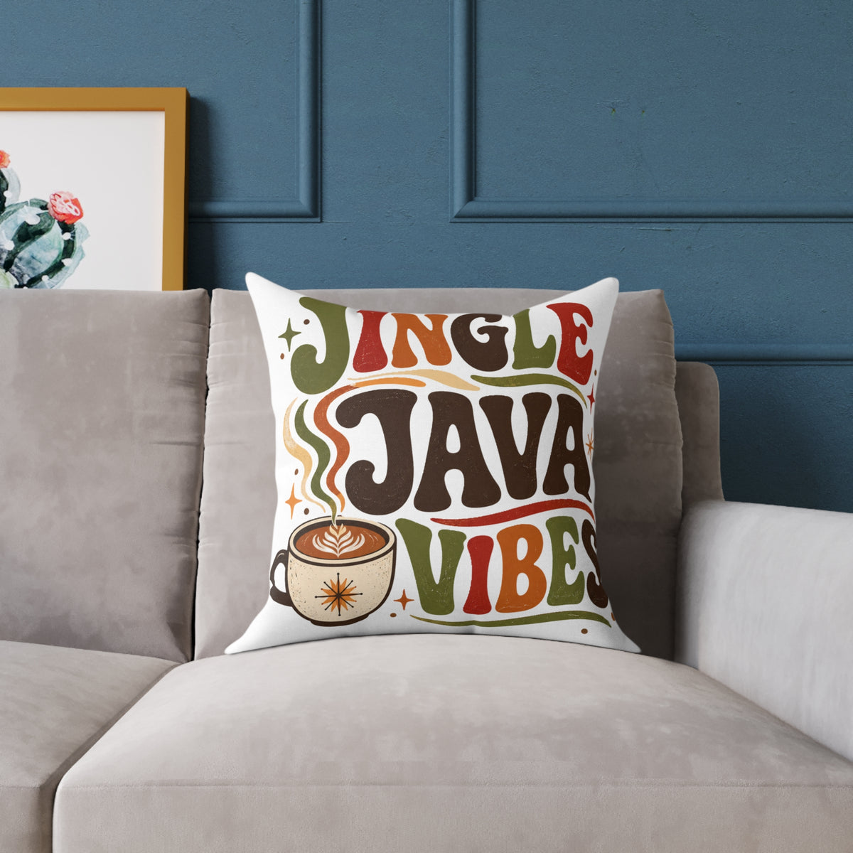 Christmas Square Pillow — "Jingle Java Vibes" Coffee Holiday Decorative Cushion