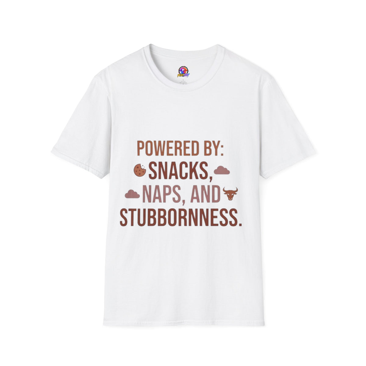 Powered By: Snacks, Naps & Stubbornness T-Shirt — Funny Casual Graphic Tee