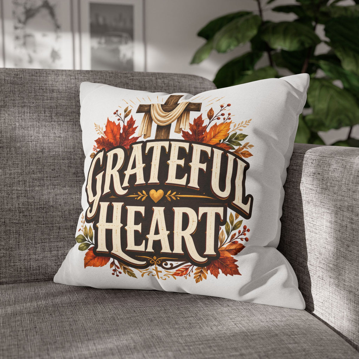 Thanksgiving Grateful Heart Throw Pillow — Autumn Cross Faith Decorative Pillowcase