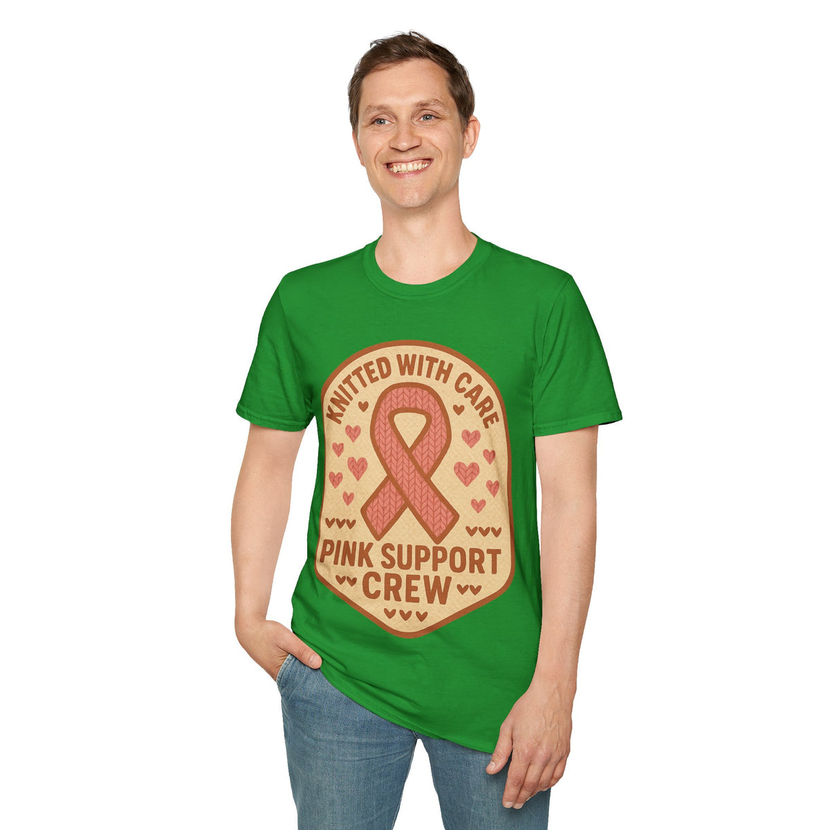 Pink Support Crew Knitted With Care Shield Badge T-Shirt, Breast Cancer Awareness Tee - Trending Now - September 2026