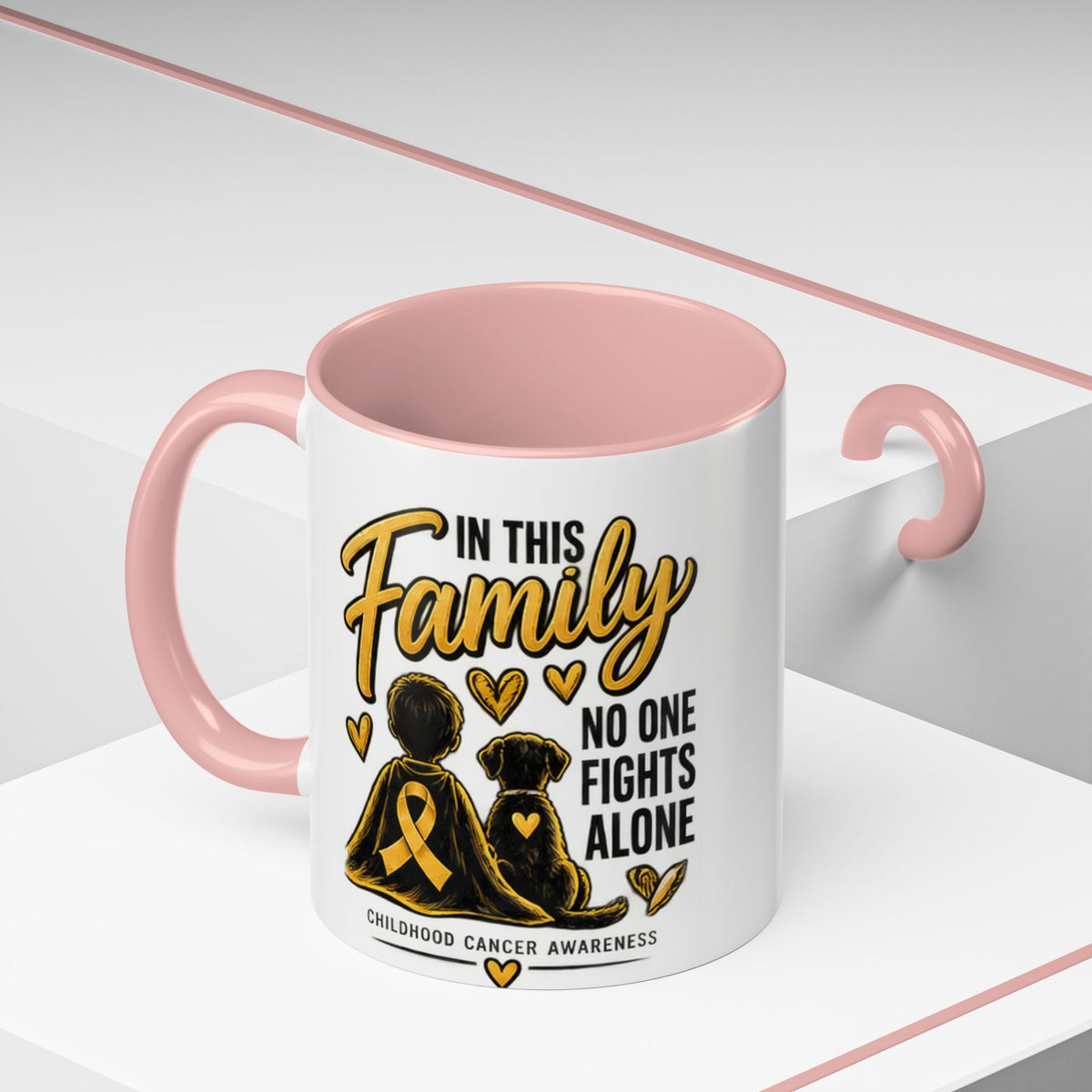 Childhood Cancer Awareness Accent Coffee Mug – "In This Family No One Fights Alone" (11/15oz)
