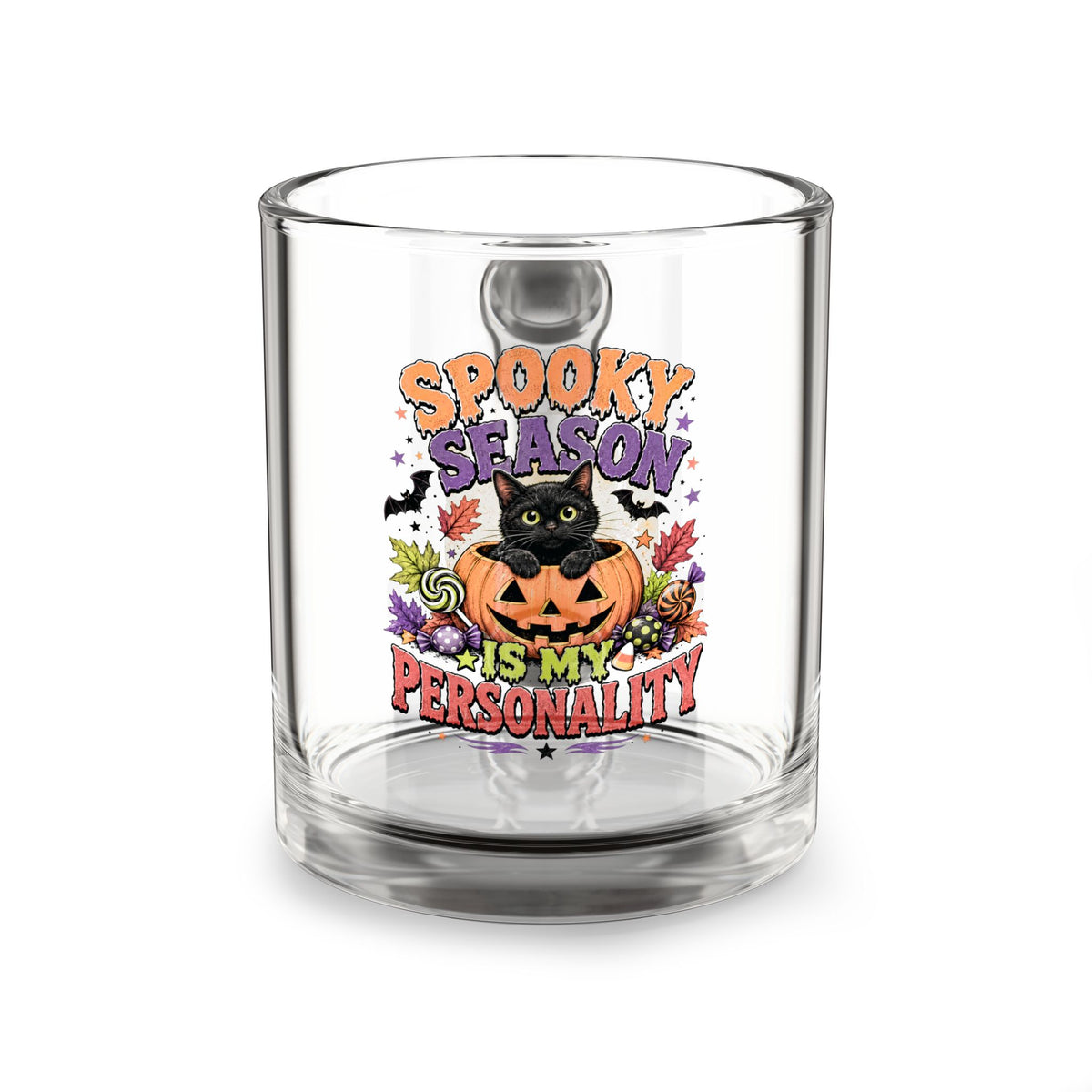 Halloween Glass Mug 10 oz  Glass Mug — "Spooky Season Is My Personality" Halloween Cat Pumpkin Coffee Cup