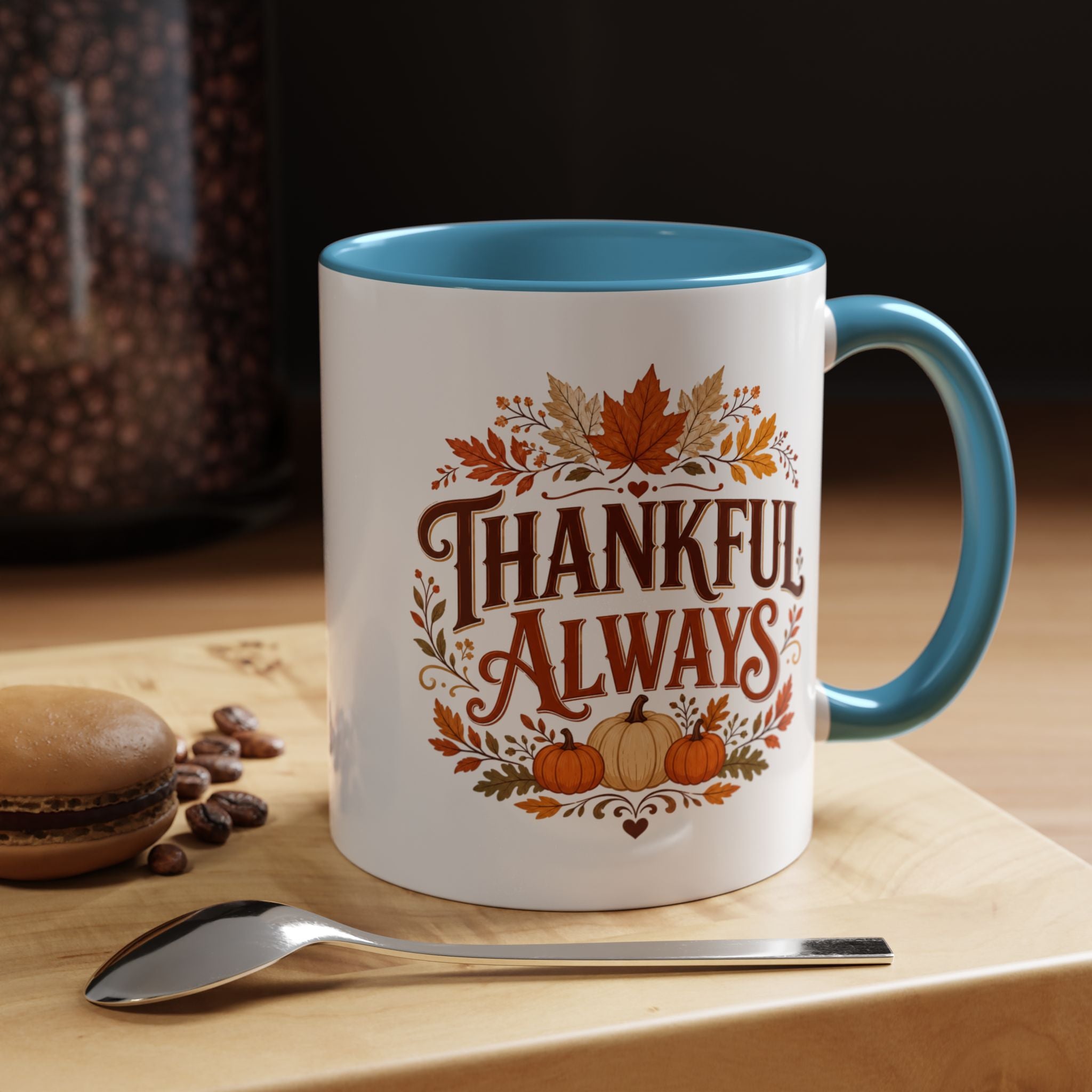 Thanksgiving Mug Thankful Always Accent Coffee Mug — Fall Pumpkin & Leaves Thanksgiving Gift