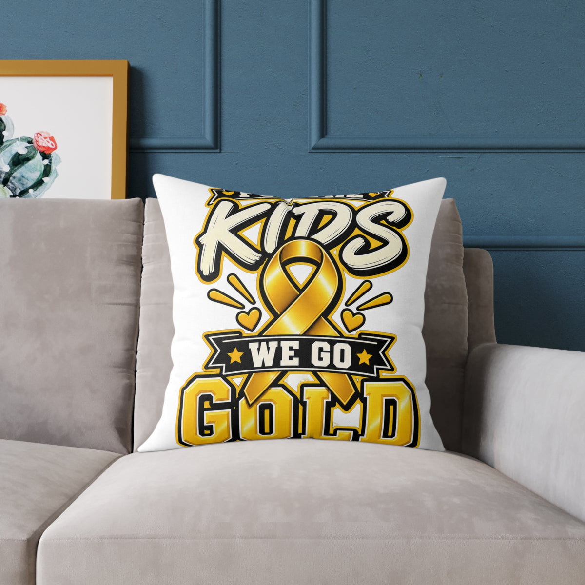 We Go Gold Kids Ribbon Square Throw Pillow — Childhood Cancer Awareness Decor