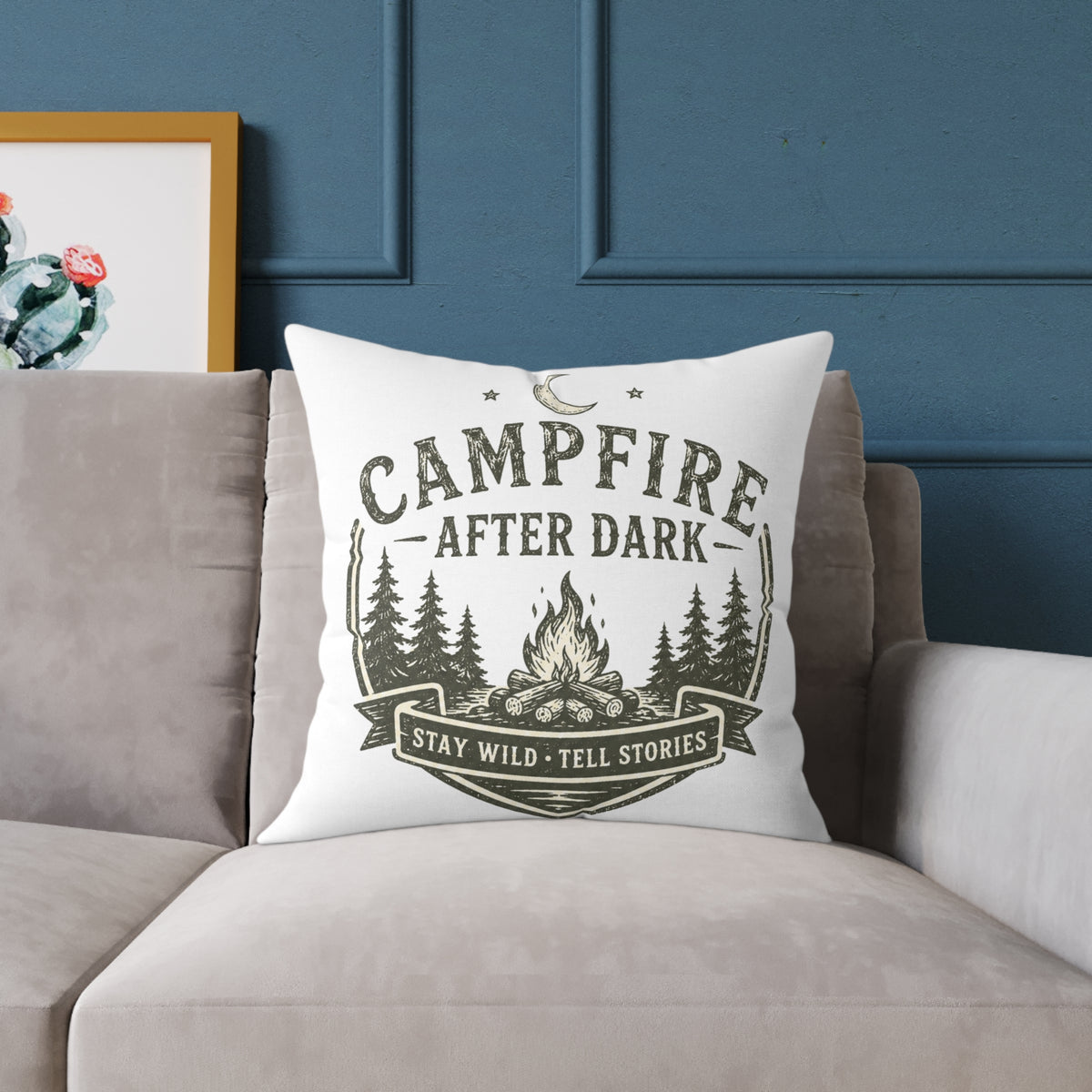 Milo Bailey Dog Dad Mom Pillow — Campfire After Dark Decorative Throw Pillow (Stay Wild, Tell Stories)