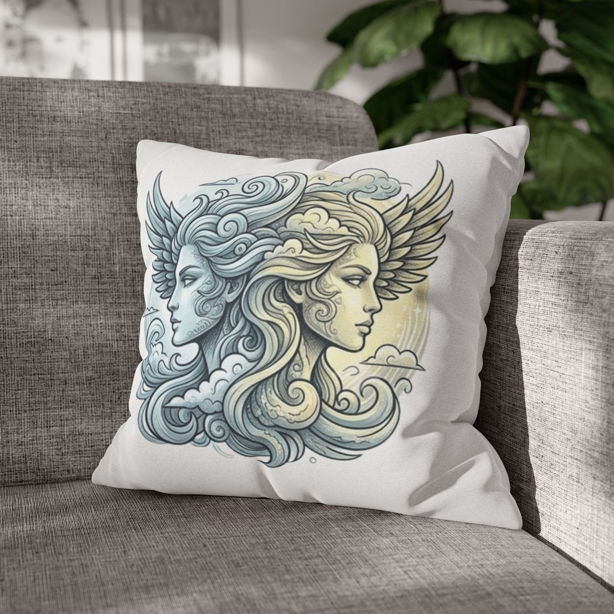 Gemini Dual Goddess Decorative Pillowcase — Celestial Sun & Moon Art Throw Pillow